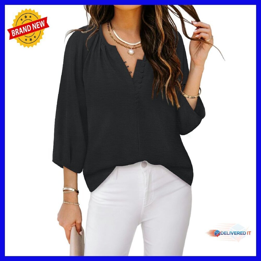 Chiffon Button Down Blouse 3/4 Sleeve V-Neck Boho Style Tunic